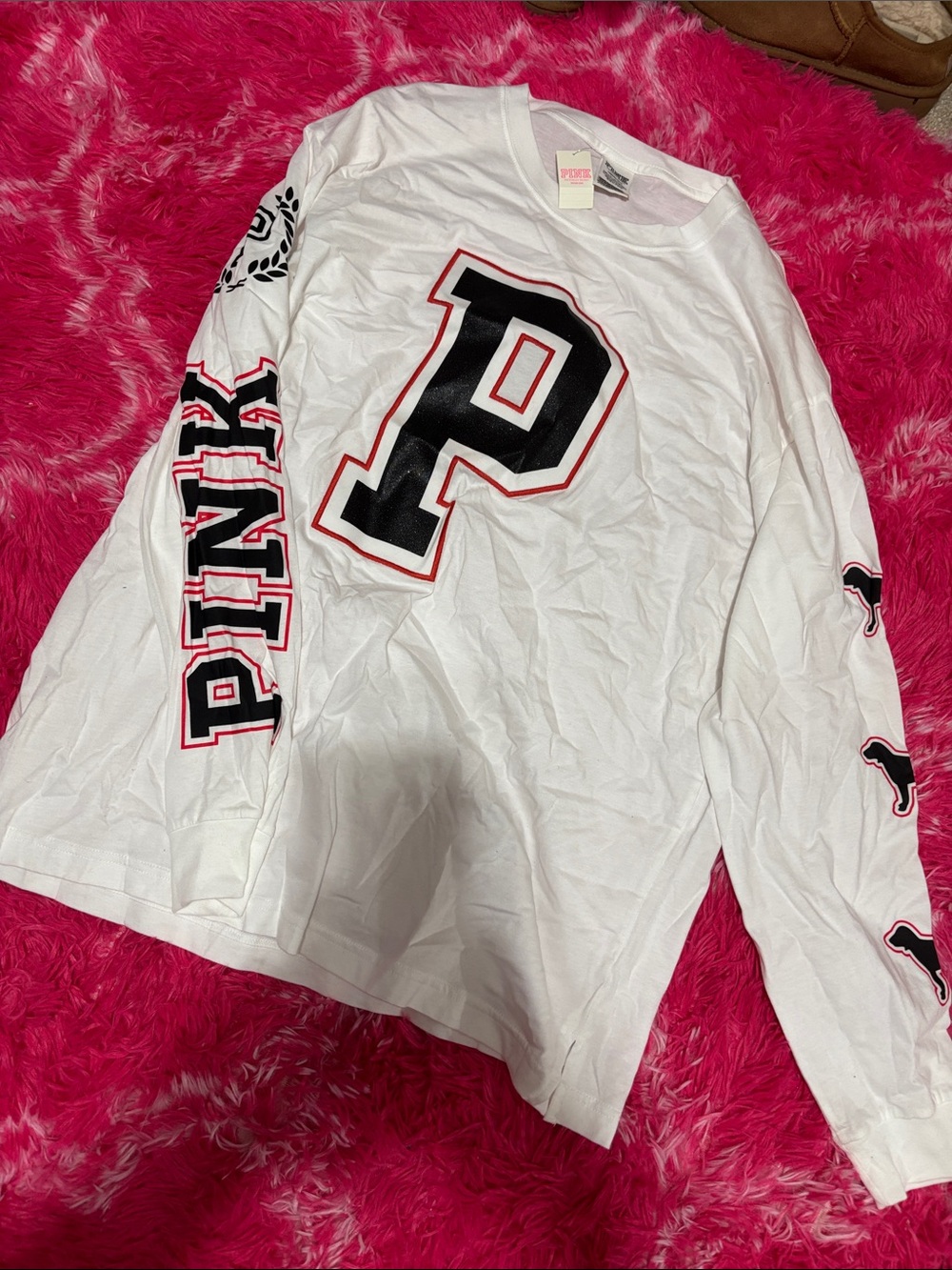 PINK Victoria's Secret White Long Sleeve Logo Tee with Black & Red Accents